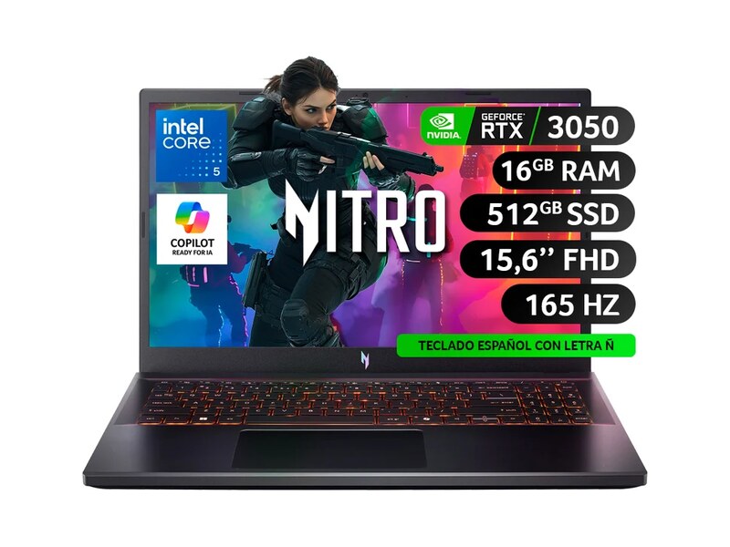 Notebook Acer Gamer Nitro V15 ANV15-52-51Z7-1 / Intel Core 5 / RTX 3050 / 16GB RAM / 512GB SSD / 15.6" FHD - Windows 11 Pro